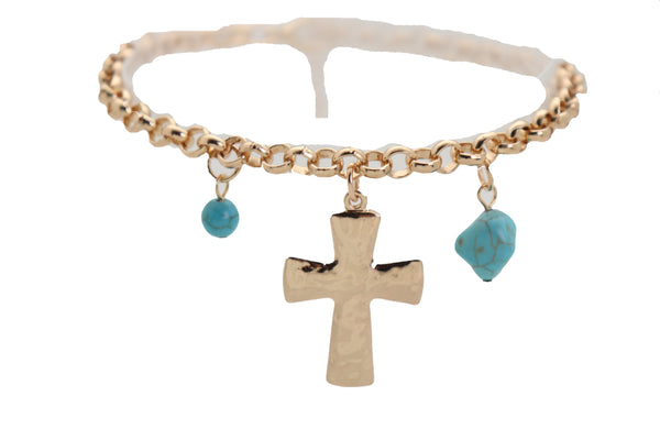 Women Gold Metal Chain Boot Bracelet Anklet Shoe Cross Charm Turquoise Blue Color Beads