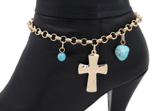 Cross & Turquoise Bead Charms Metal Chain Boot Bracelet