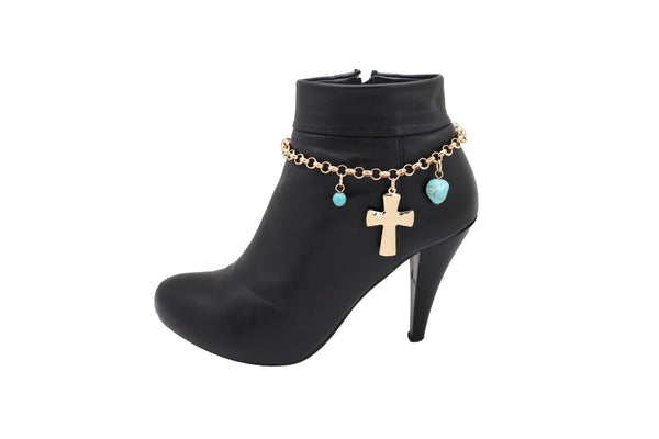 Women Gold Metal Chain Boot Bracelet Anklet Shoe Cross Charm Turquoise Blue Color Beads