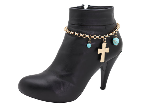 Women Gold Metal Chain Boot Bracelet Anklet Shoe Cross Charm Turquoise Blue Color Beads