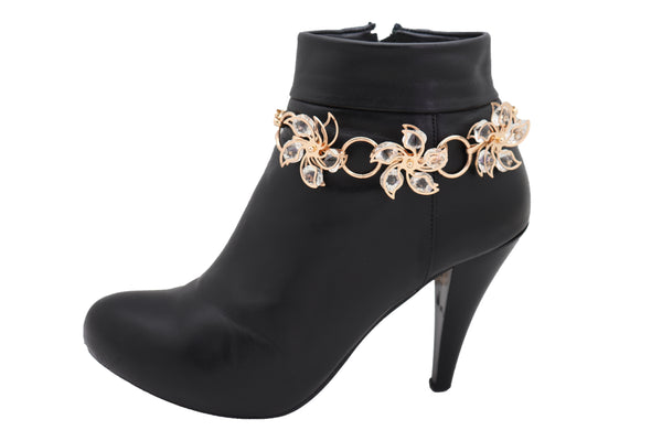 Women Gold Metal Chain Boot Bracelet High Heel Shoe Charm Bling Flower Anklet Elegant Dressy Look