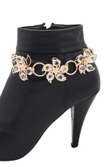 Women Gold Metal Chain Boot Bracelet High Heel Shoe Charm Bling Flower Anklet Elegant Dressy Look