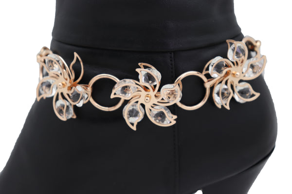 Women Gold Metal Chain Boot Bracelet High Heel Shoe Charm Bling Flower Anklet Elegant Dressy Look
