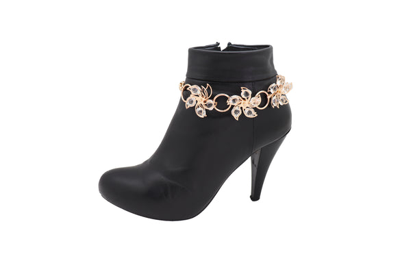 Women Gold Metal Chain Boot Bracelet High Heel Shoe Charm Bling Flower Anklet Elegant Dressy Look