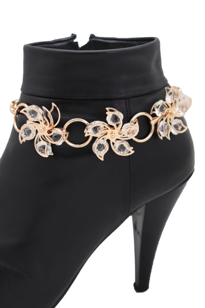 Women Gold Metal Chain Boot Bracelet High Heel Shoe Charm Bling Flower Anklet Elegant Dressy Look