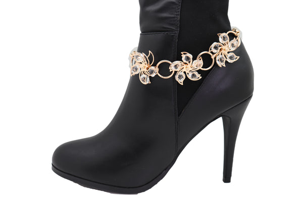 Women Gold Metal Chain Boot Bracelet High Heel Shoe Charm Bling Flower Anklet Elegant Dressy Look