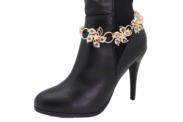 Women Gold Metal Chain Boot Bracelet High Heel Shoe Charm Bling Flower Anklet Elegant Dressy Look