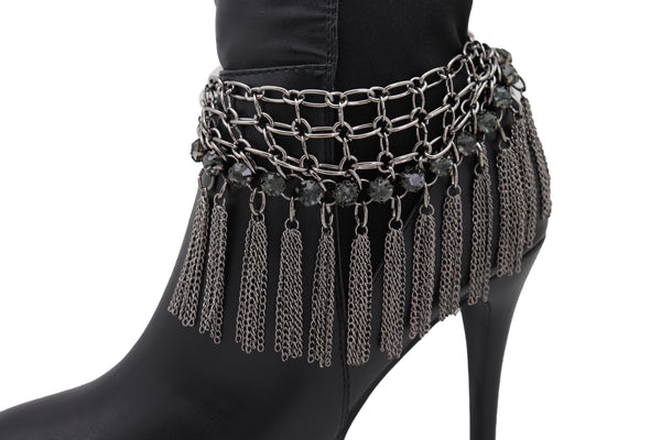 Brand New Women Dark Silver Metal Chain Boot Bracelet Shoe Web Fringe Charm Tassel Bling