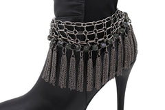 Dark Silver Metal Chain Boot Bracelet Shoe Web Fringe Charm Tassel Bling