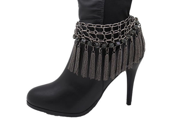 Brand New Women Dark Silver Metal Chain Boot Bracelet Shoe Web Fringe Charm Tassel Bling