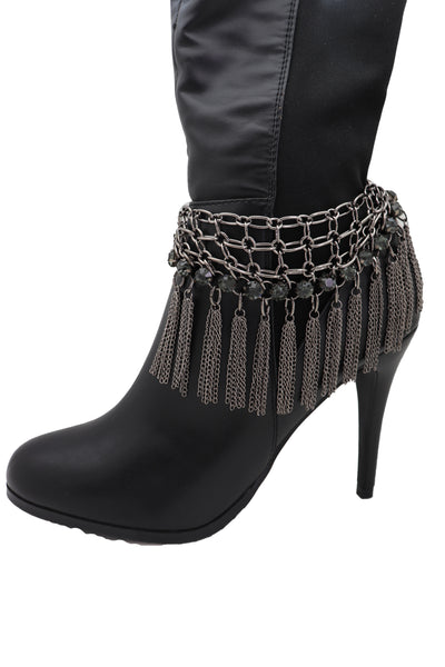 Brand New Women Dark Silver Metal Chain Boot Bracelet Shoe Web Fringe Charm Tassel Bling