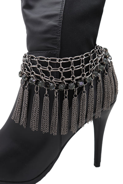 Brand New Women Dark Silver Metal Chain Boot Bracelet Shoe Web Fringe Charm Tassel Bling