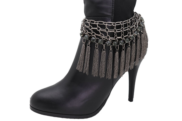 Brand New Women Dark Silver Metal Chain Boot Bracelet Shoe Web Fringe Charm Tassel Bling