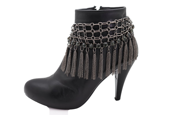 Brand New Women Dark Silver Metal Chain Boot Bracelet Shoe Web Fringe Charm Tassel Bling