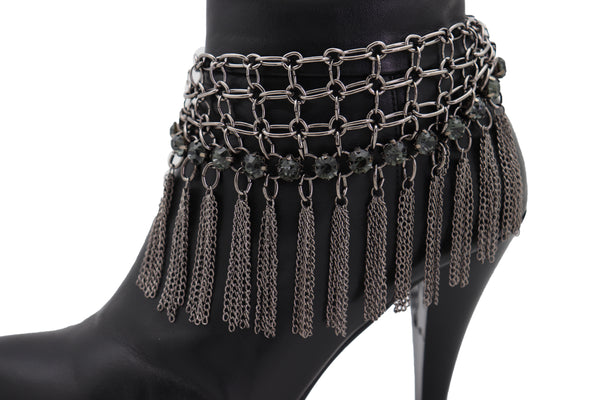 Brand New Women Dark Silver Metal Chain Boot Bracelet Shoe Web Fringe Charm Tassel Bling