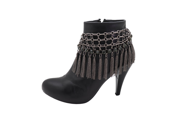 Brand New Women Dark Silver Metal Chain Boot Bracelet Shoe Web Fringe Charm Tassel Bling