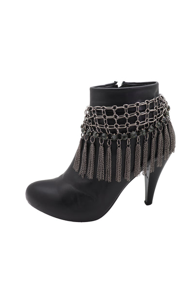 Brand New Women Dark Silver Metal Chain Boot Bracelet Shoe Web Fringe Charm Tassel Bling