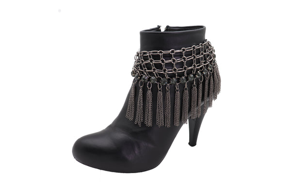 Brand New Women Dark Silver Metal Chain Boot Bracelet Shoe Web Fringe Charm Tassel Bling
