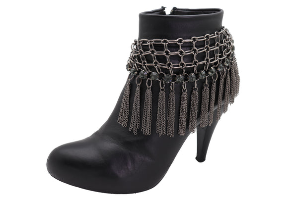 Brand New Women Dark Silver Metal Chain Boot Bracelet Shoe Web Fringe Charm Tassel Bling