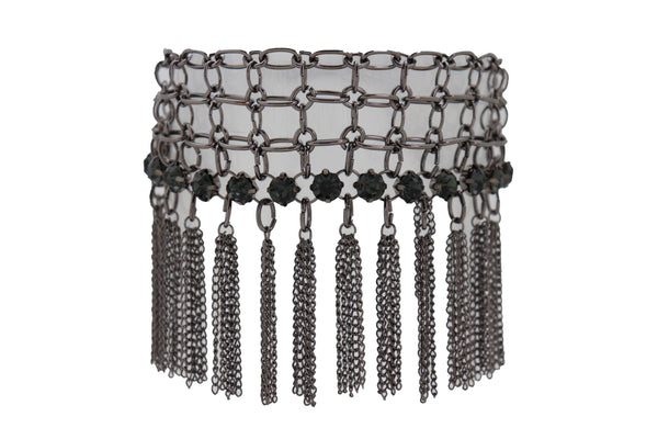 Brand New Women Dark Silver Metal Chain Boot Bracelet Shoe Web Fringe Charm Tassel Bling
