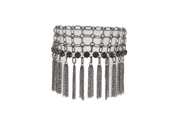 Brand New Women Dark Silver Metal Chain Boot Bracelet Shoe Web Fringe Charm Tassel Bling