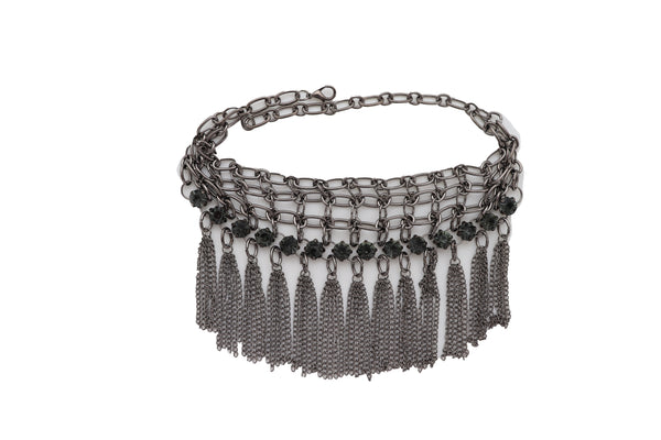 Brand New Women Dark Silver Metal Chain Boot Bracelet Shoe Web Fringe Charm Tassel Bling