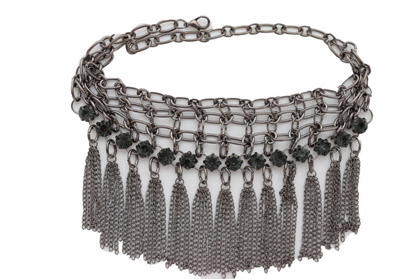 Brand New Women Dark Silver Metal Chain Boot Bracelet Shoe Web Fringe Charm Tassel Bling