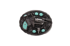 Revolver Gun & Turquoise Beads Oval Shaped Belt Buckle