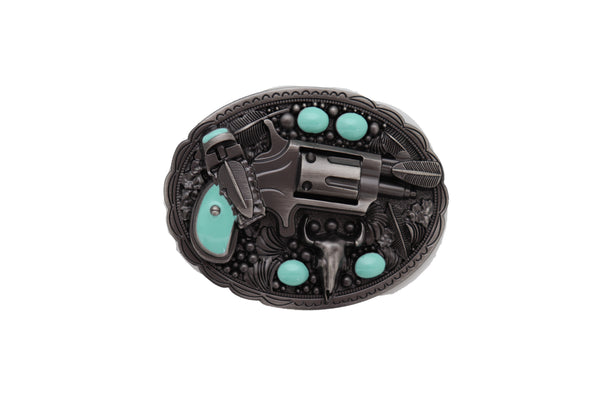 Men Western Belt Buckle Dark Silver Color Metal Revolver Pistol Gun Feather Bull Turquoise Handgun