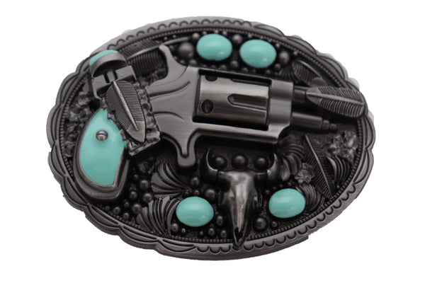 Men Western Belt Buckle Dark Silver Color Metal Revolver Pistol Gun Feather Bull Turquoise Handgun