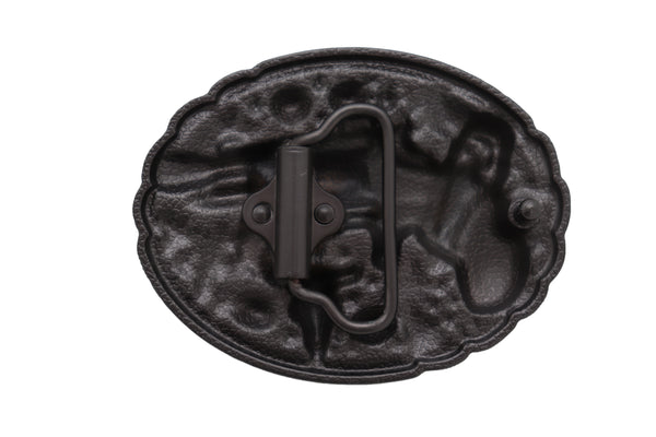 Men Western Belt Buckle Dark Silver Color Metal Revolver Pistol Gun Feather Bull Turquoise Handgun