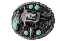 Revolver Gun & Turquoise Beads Oval Shaped Belt Buckle