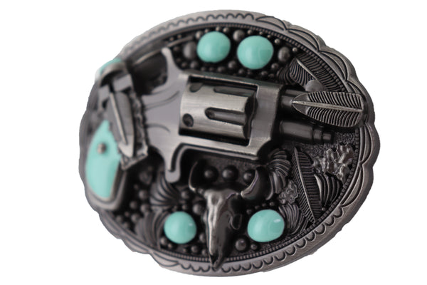 Men Western Belt Buckle Dark Silver Color Metal Revolver Pistol Gun Feather Bull Turquoise Handgun