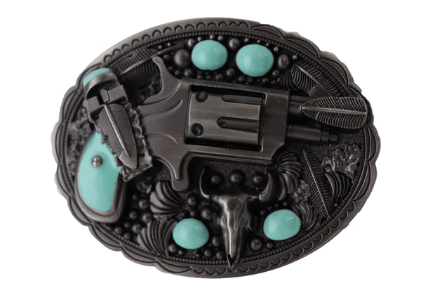 Men Western Belt Buckle Dark Silver Color Metal Revolver Pistol Gun Feather Bull Turquoise Handgun
