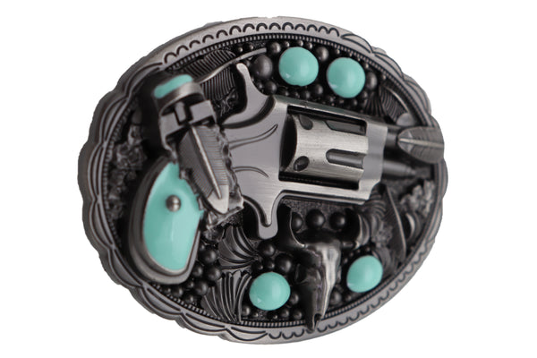 Men Western Belt Buckle Dark Silver Color Metal Revolver Pistol Gun Feather Bull Turquoise Handgun