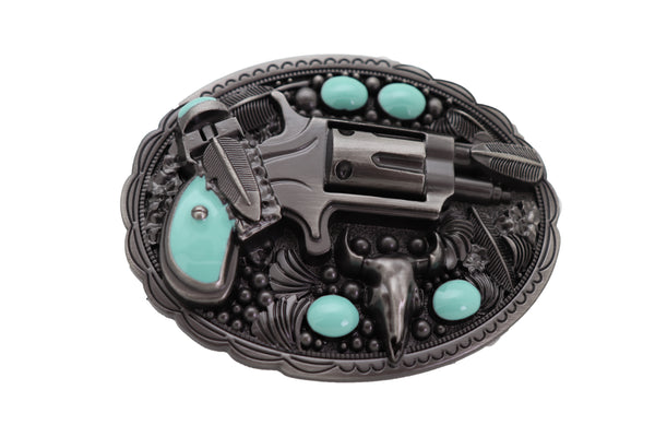 Men Western Belt Buckle Dark Silver Color Metal Revolver Pistol Gun Feather Bull Turquoise Handgun