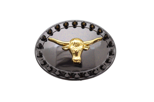 Brand New Men Oval Belt Buckle Pewter Black Metal Gold Long Horn Cow Bull Western Spikes