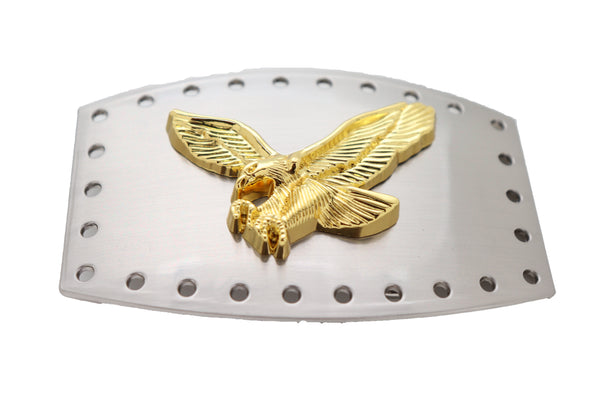 Brand New Men Western Silver Metal Belt Buckle Big Square Gold American Eagle Flying Bird