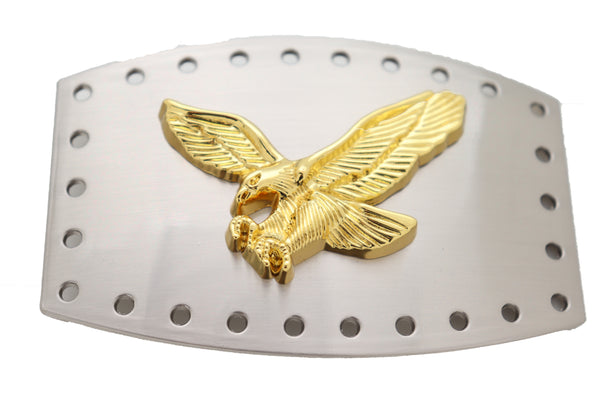 Brand New Men Western Silver Metal Belt Buckle Big Square Gold American Eagle Flying Bird