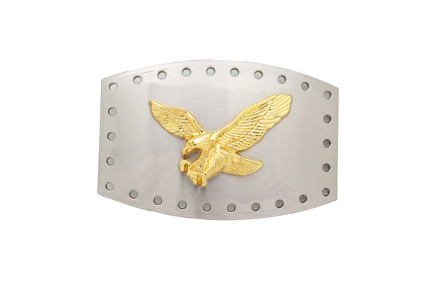 Brand New Men Western Silver Metal Belt Buckle Big Square Gold American Eagle Flying Bird
