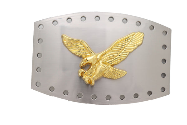 Brand New Men Western Silver Metal Belt Buckle Big Square Gold American Eagle Flying Bird