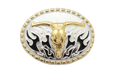 Men Belt Buckle Silver Metal Oval Western Fashion Gold Bull Skull Long Horn Fire