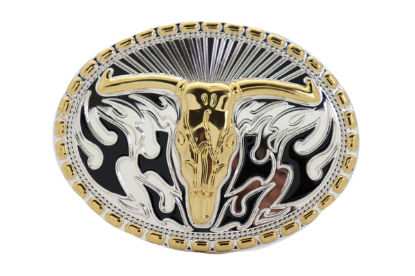 Brand New Men Belt Buckle Silver Metal Oval Western Fashion Gold Bull Skull Long Horn Fire