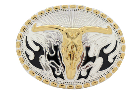Brand New Men Belt Buckle Silver Metal Oval Western Fashion Gold Bull Skull Long Horn Fire