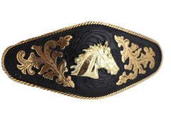 Men Belt Buckle Metal Cowboy Western Fashion Gold Horse Rodeo Black Long Heavy