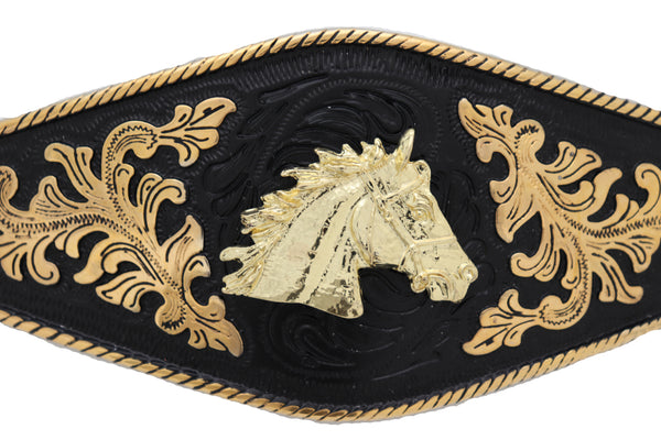 Brand New Men Belt Buckle Metal Cowboy Western Fashion Gold Horse Rodeo Black Long Heavy