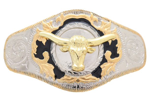 Men Western Fashion Belt Buckle Silver Metal Gold Long Horn Bull Texas Cow Heavy Duty Strong