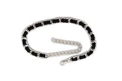 Women Silver Metal Chain Boot Bracelet Shoe Black Fabric Charm Band Anklet Strap Adjustable Size