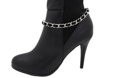 Women Silver Metal Chain Boot Bracelet Shoe Black Fabric Charm Band Anklet Strap Adjustable Size