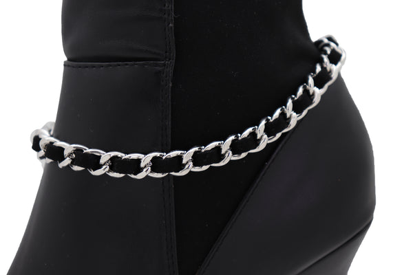 Women Silver Metal Chain Boot Bracelet Shoe Black Fabric Charm Band Anklet Strap Fall Winter Season